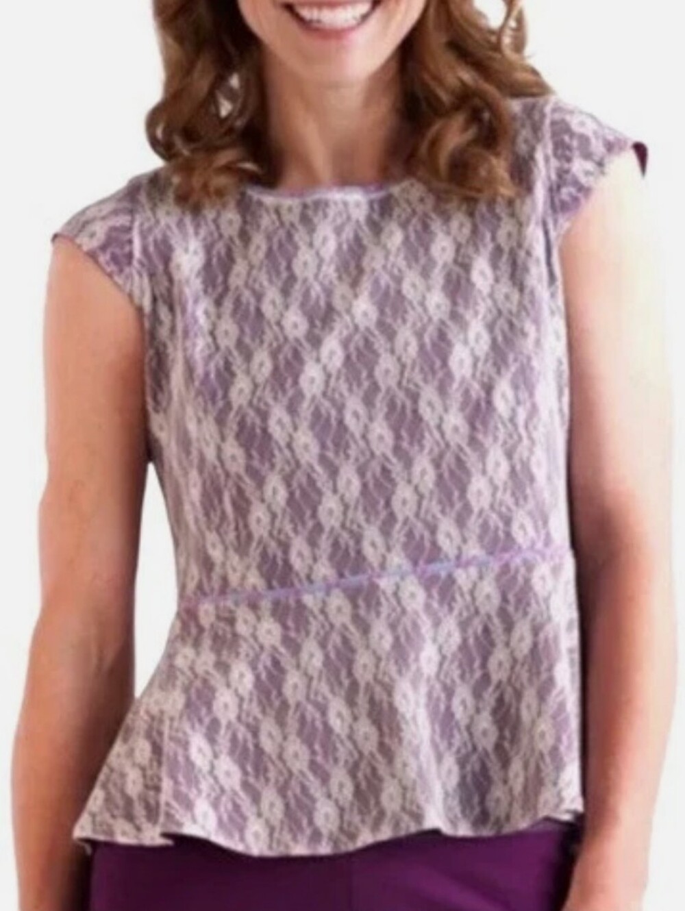 Matilda Jane Women's Lace Peplum Top Cap Sleeve Pullover Purple And Cream Sz M